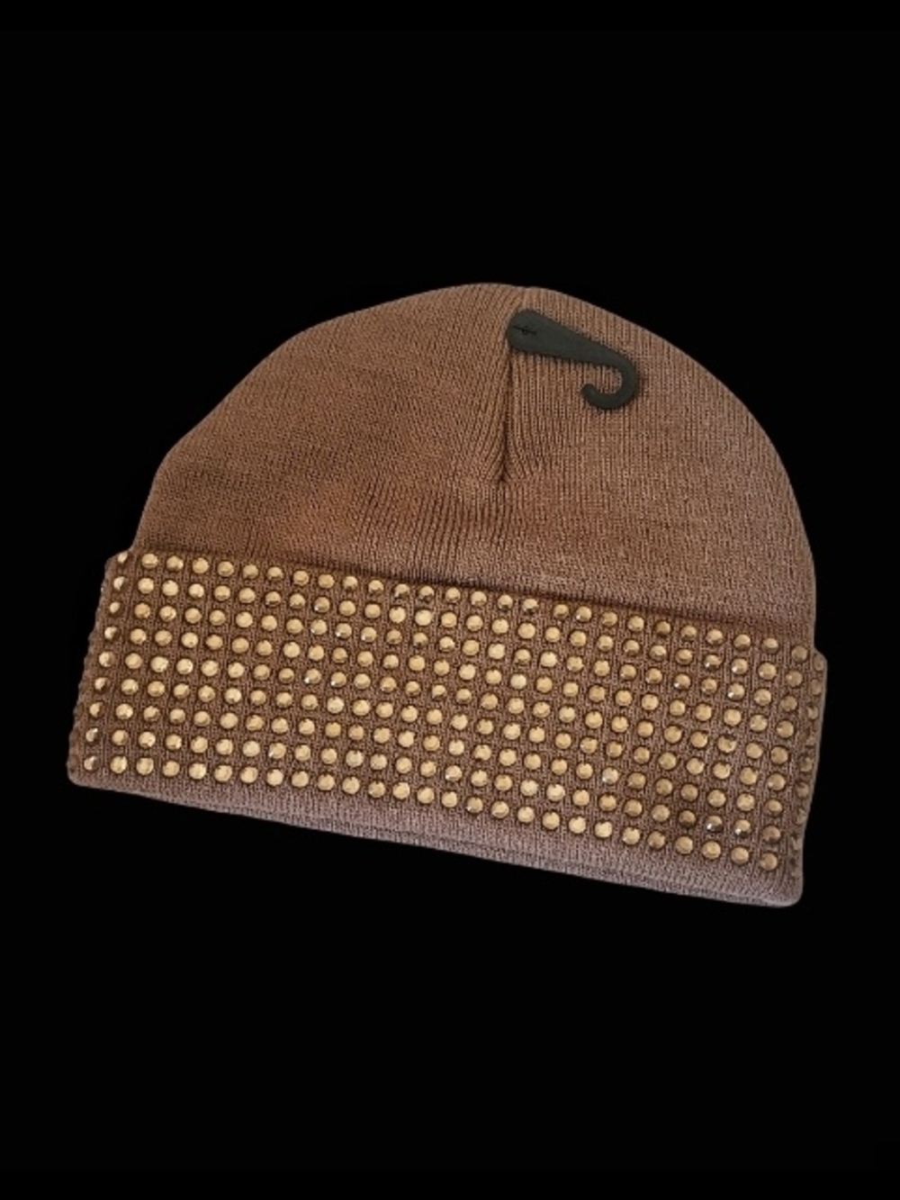 Kurt Geiger Taupe Knit Beanie With Gold Logo Plaque And Studs - Picture 2 of 3